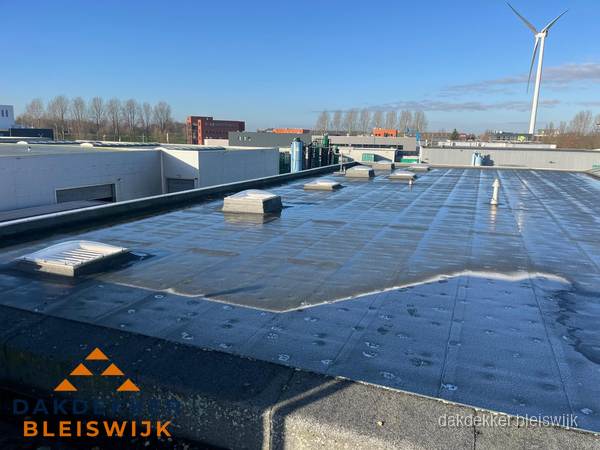 Plat dak bedrijfspand met bitumen dakbedekking en lichtkoepels in Bleiswijk Plat dak bedrijfspand met bitumen dakbedekking en lichtkoepels in Bleiswijk